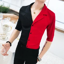 Мужская рубашка с коротким рукавом, отложной воротник, лоскутный дизайн, принт, мужские повседневные рубашки, приталенный смокинг, летняя Корейская мужская одежда