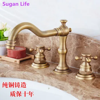 

Sugan Life Antique Brass Finished Bathroom & Kitchen Basin Mixer Tap Sink Faucet Double Handles 3 pcs Bathroom Basin Faucet