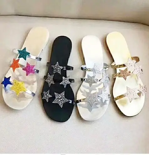 

Carpaton Five-pointed Stars Decorations Woman Slippers Crystal Flat Shoes Summer Open Toe Sexy Slides Black Gold Silver