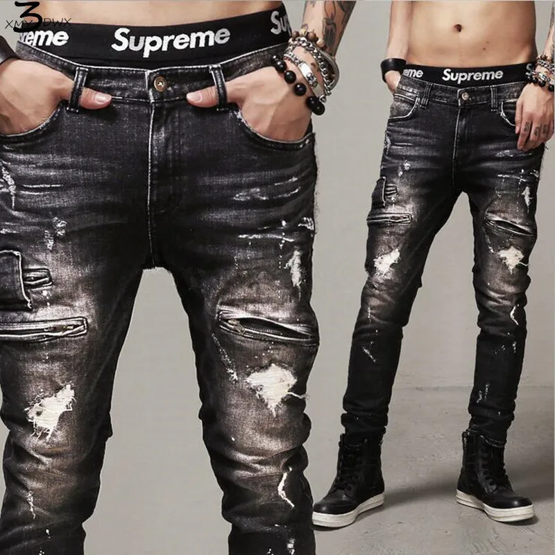 XMY3DWX fashion male hole in pure color jeans Male high grade tight fashion cowboy pencil pants