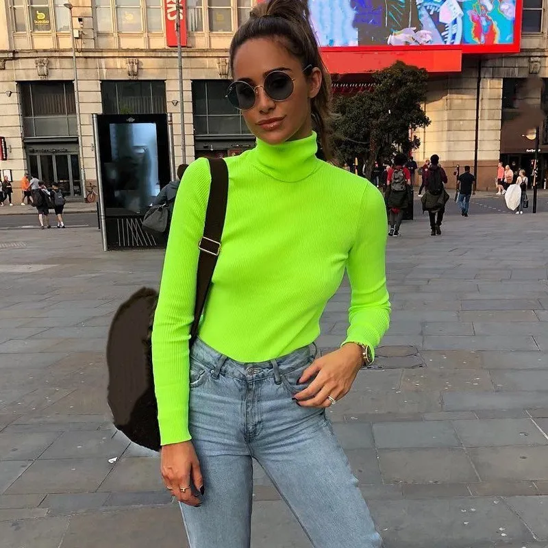 

New Autumn Turtleneck Casual Sweater Women Long Sleeve Knitted Pullover Jumpers Fluorescent Green Slim Tops