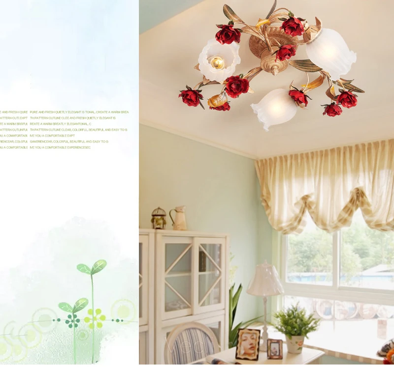 Luzes de Teto para Casamento Nordic Arte Deco Rural Flor Vermelha Planta Lâmpada Led Sala Estar Quarto Iluminação Decorativa Casa 8 Luzes de teto