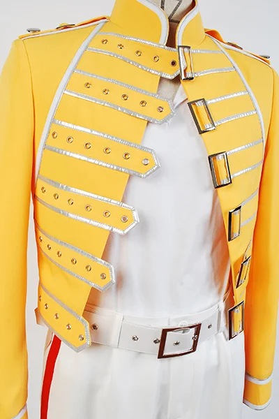 Королева ведущий вокал Фредди Меркьюри желтый костюм косплей пальто белые брюки для взрослых мужчин Хэллоуин карнавальные костюмы на заказ