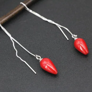 

New Arrival 925 Sterling Silver Dangle Earring Women Fashion Jewelry Long Earrings Natural Coral 7x12mm Drop Earings 4inch B3440