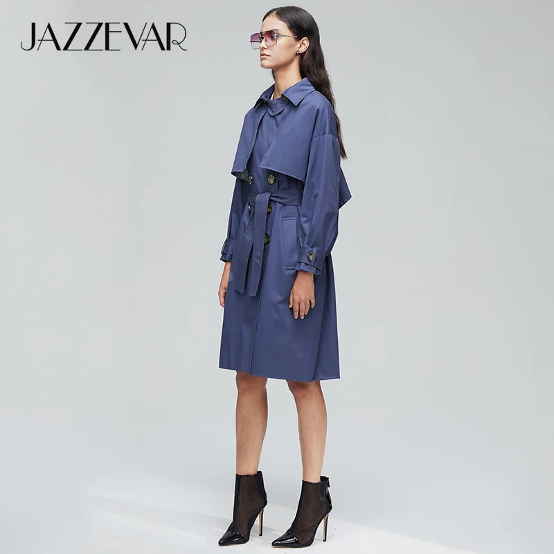 JAZZEVAR New arrival autumn khaki trench coat women casual long outerwear high quality cotton with belt fashion women 9009