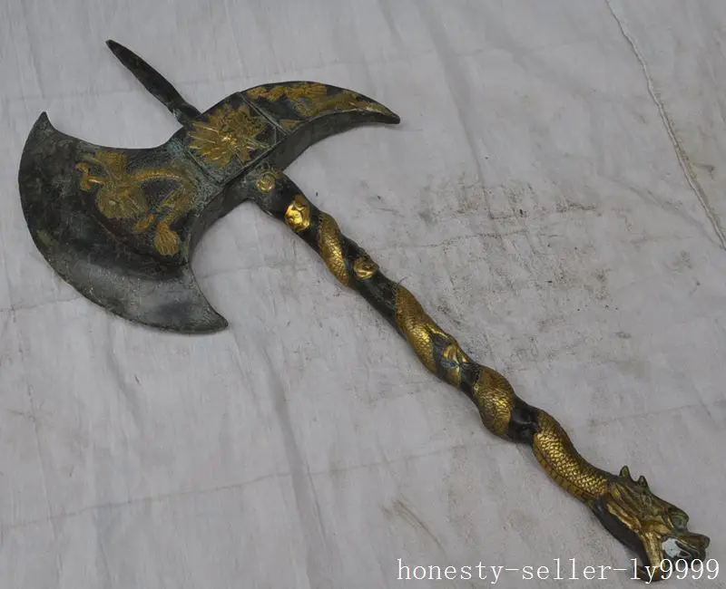 antique 9" old Chinese fine bronze copper gilt zodiac dragon beast Ax