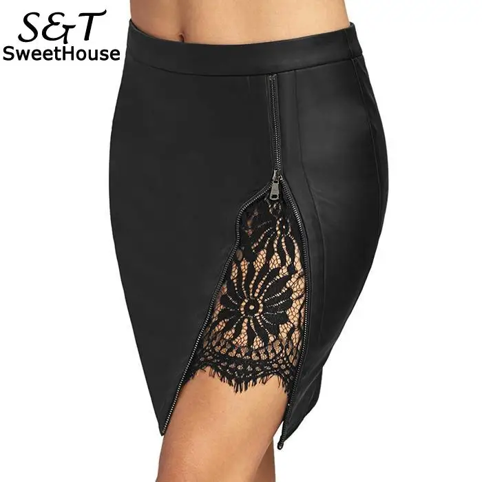 

New Fashion Women Casual Artificial Leather Lace Package Hip Natural Sexy Skirt Above Knee, Mini Patchwork