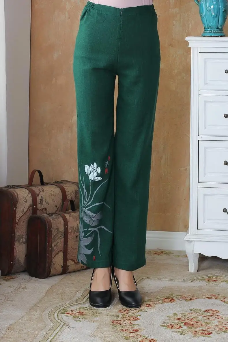Зеленые китайские традиционные женские хлопковые льняные брюки свободные повседневные брюки с широким клешем цветок плюс размер M L XL XXL 3XL 4XL 2502-1 - Цвет: Green