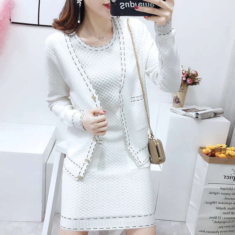 

2019 Tracksuit Women Knitted Jacket Tight Fitting Dress Two Pieces Sets Evening Knitted Suit Women Cashmere Suit Women Clothing