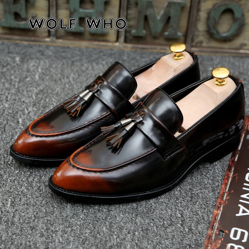 

WOLF WHO Men Leather Loafers Brand Shoes Classic Tassel Brogue Male Footwear Formal Shoes Casual Bullock Shoes krasovki X-199