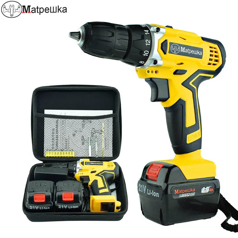 

21V Electric Screwdriver Household Multi-function Rechargeable Drill Cordless Electrical Tools 2 Batteries+1Cloth bag+13Gift