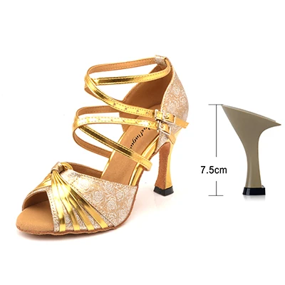 Ladingwu/туфли для латинских танцев; женские туфли для бальных танцев из искусственной кожи с принтом розы; танцевальные туфли для сальсы с двойным поперечным Ремешком; Классический дизайн - Цвет: Golden 7.5cm