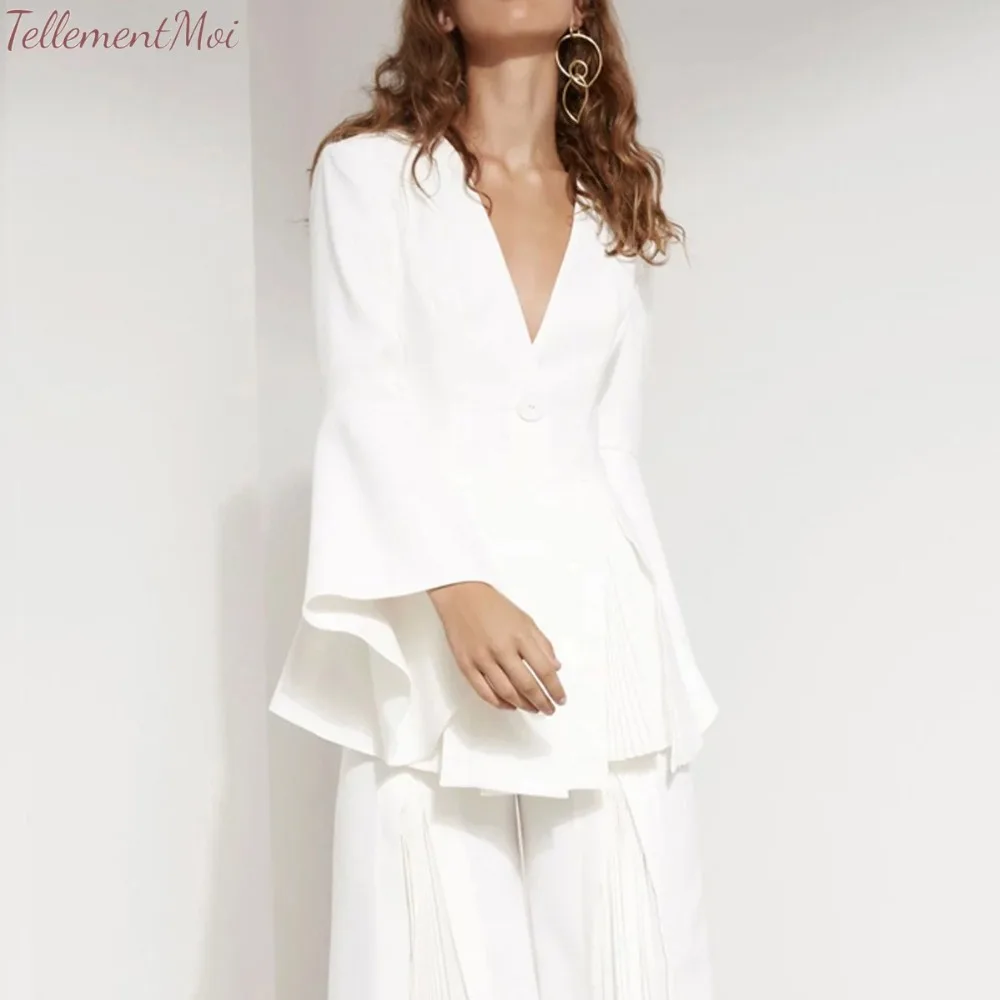 Spring Suit Jacket Female Blazers Women Single-Breasted Deep V Neck Trumpet Sleeve Slim Coats Office Lady Elegant Work Blazer