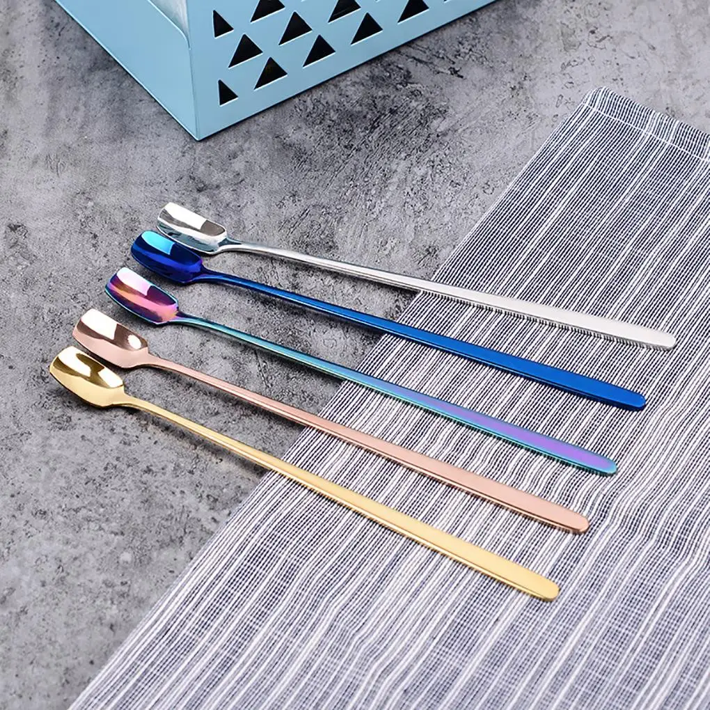 

Stainless Steel Colorful Spoon Long Handle Coffee Spoons Cold Drink Fruit Ice Cream Tea Spoon Drinking Tools Kitchen Gadget