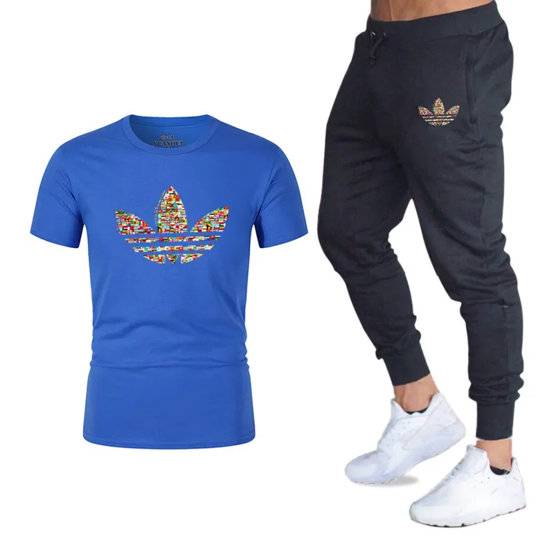 

free shipping Summer Hot Sale Men's Sets T Shirts+pants Two Pieces Sets Casual Tracksuit Male Tshirt Gyms Fitness trousers men