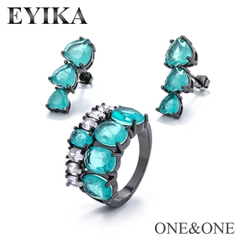 

EYIKA Newest Fashion Jewelry Set Green Fusions Crystal Heart Stud Earrings and Ring Paved White Zircon Gift for Women Jewelry
