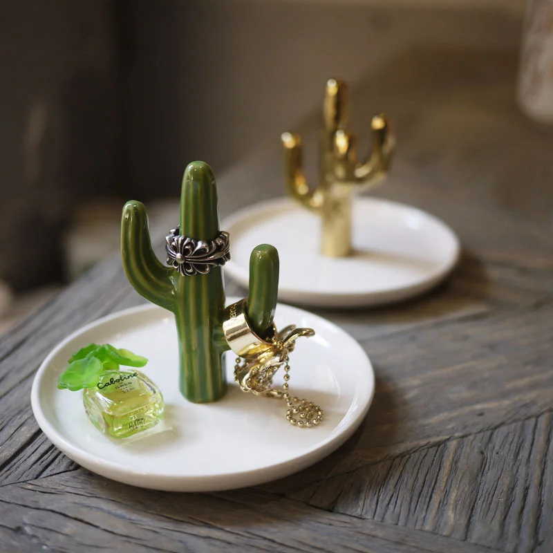 

New European Style Cactus Ceramic Ceramics Jewelry Plate Handicraft Necklace Storage Tray Home Decoration Earring Tray Holder
