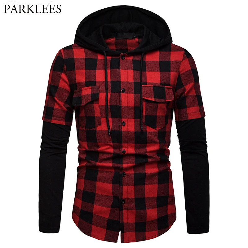 Merah Hitam Plaid Hoodie Kemeja Pria 