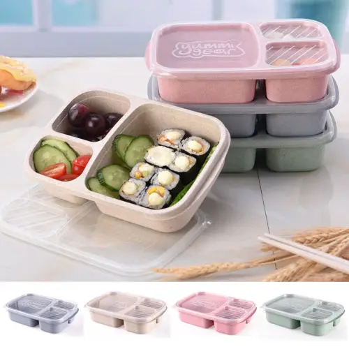 

Wheat Straw Fiber Non-pollution Microwave Lunch Box Picnic Food Container Storage Box 3 Compartments Blue Green Beige