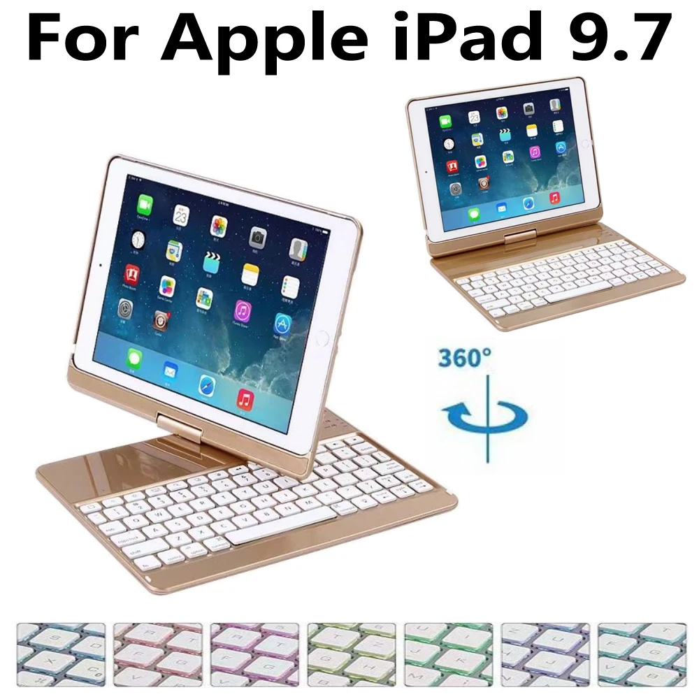 360 Rotating Aluminum Wireless Bluetooth Keyboard Cover Case for Apple iPad 9.7 2018 2017 5th 6th Generation Air 1/Air 2 Pro 9.7