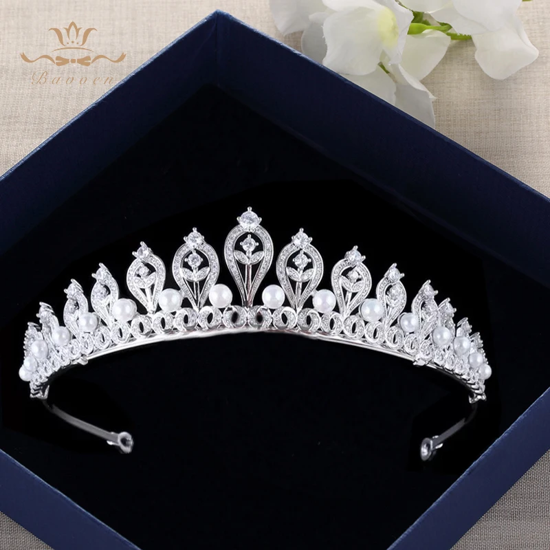 

Bavoen European Nature Pearls Wedding Hairbands Sparkling Full Zircon Crystal Brides Tiaras Crowns Silver Bridals Girls Gift