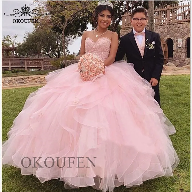 

Gorgeous Pink Quinceanera Dresses 2019 Corset Back Appliques Ruffles Ball Gown Long Pageant Dress Prom Vestido De 15 Anos