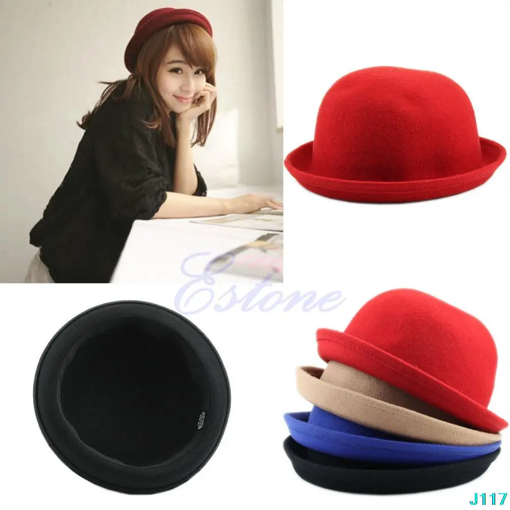 

Fashion Femmes Lady Mode Vintage Laine mignonne solide Bowler Hat -Y107