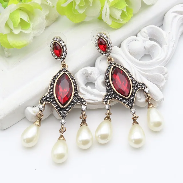 Vintage Turkish Simulated Pearl Drop Long Earring Women Antique Vintage Turkish Simulated Pearl Drop Long Earring Women Antique Chandelier Earrings India Jewelry Ladies Wedding Party - Vintage Turkish Simulated Pearl Drop Long Earring Women Antique