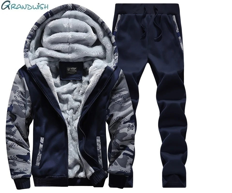 Grandwish Casual Tracksuit Mens Set Winter Brand Two Piece Sets All Cotton Inner Fleece Male Thick Hooded Jacket + Pants ,DA879