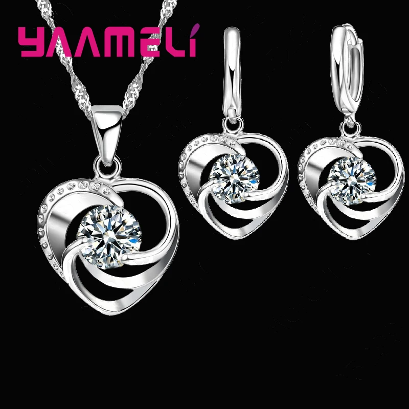 YAAMELI-925-Sterling-Silver-Necklace-Earrings-Set-Long-Chain-Sweet-Romantic-Style-Love-Heart-Shape-For