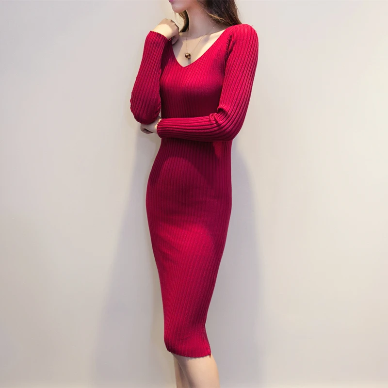 

Fashion Women Dress Autumn Winter Long Sweater Dresses vestido Black V-Neck Long Sleeve Knitted Dress Skinny Pencil Dress 1090