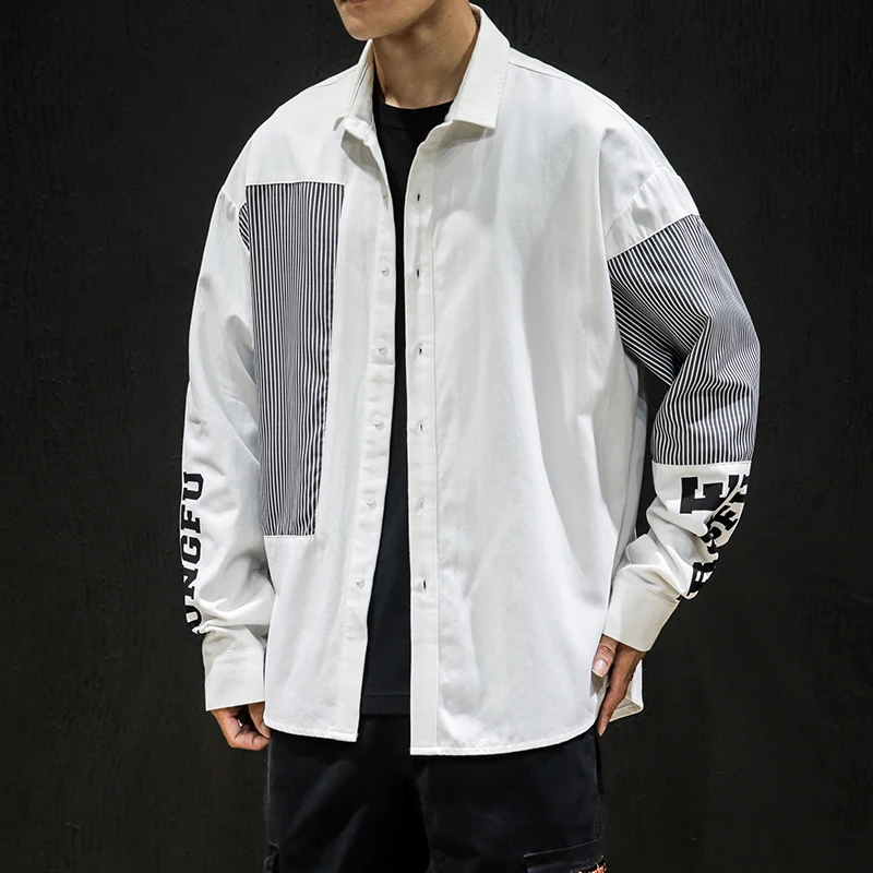 

2019 Spring Autumn Fashion Mens thick shirts Cotton Long sleeve Big size 3xl 4xl 5xl Patchwork Letter prints Black White color