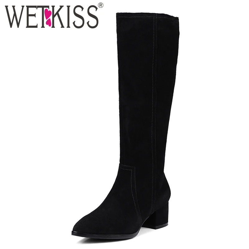 

WETKISS Winter Short Plush Cow Suede Knee Boots for Women Full Leather Botas Pointed toe Zipper Simple Female Boot High Quality