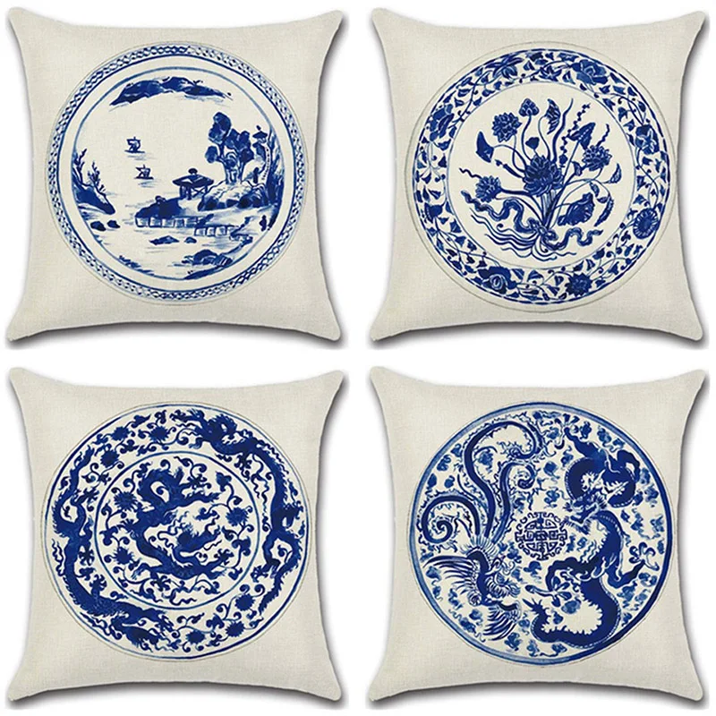 

2PC Cotton And Linen Blue And White Porcelain Pillowcase For Chinese Style Dakimakura Cover Home Dust-proof Hug Pillow Covers