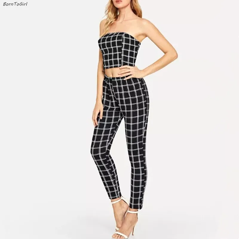 

BornToGirl 2019 Summer Sexy Tracksuits Women Black White Plaid Top + Pant 2 Two Piece Suit Set
