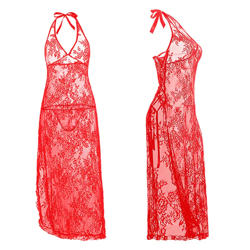 Women Sexy Long Dress Nightgown Sheer Transparent Mesh Back Of V-neck Dresses Nightie Sleepwear Lingerie Sexy Hot Erotic Dress - Цвет: Red