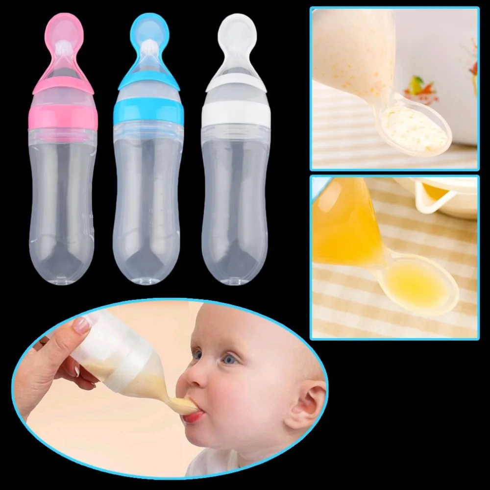 Baby Silicone Squeeze Feeding Bottle With Spoon Food Rice Cereal Feeder