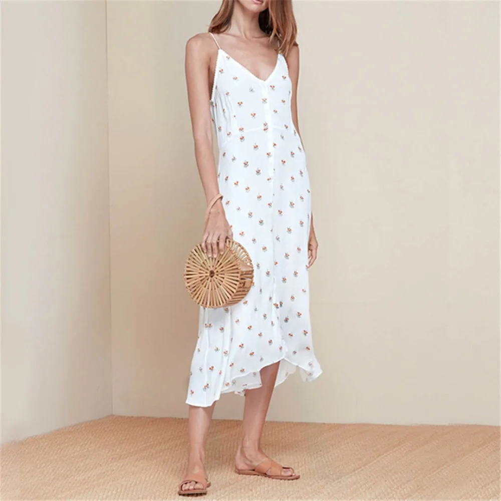 

Elegant polka dot long dress Strap sleeveless front button print dress Slim fashion V neck summer dress 2018 W49