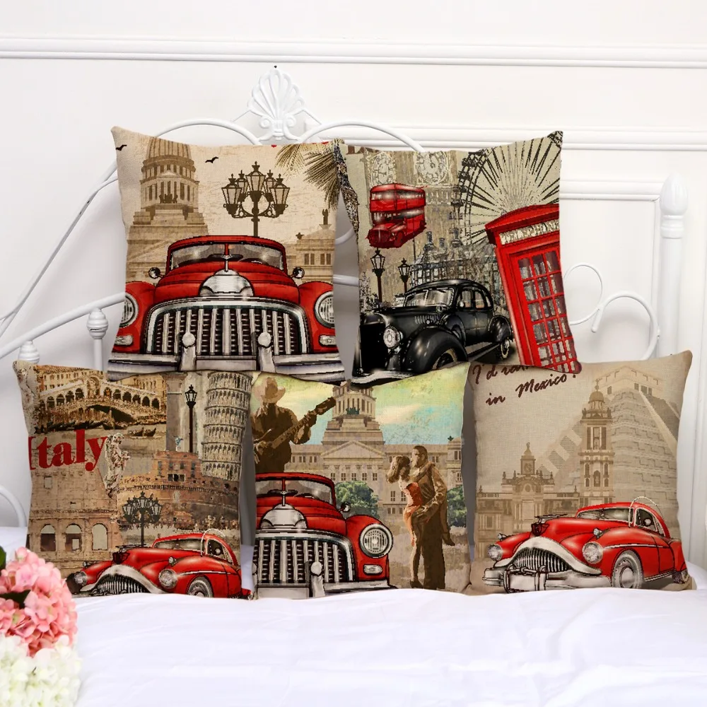 Square 18" Home Decorative Pillow Vintage Style London Red Car Printed