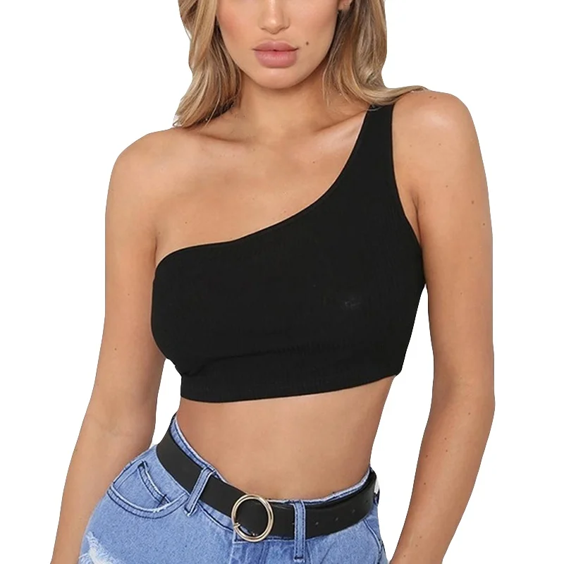 

One Shoulder Sports Bra Women Girl Workout Yoga Bra Sexy Support Black Top