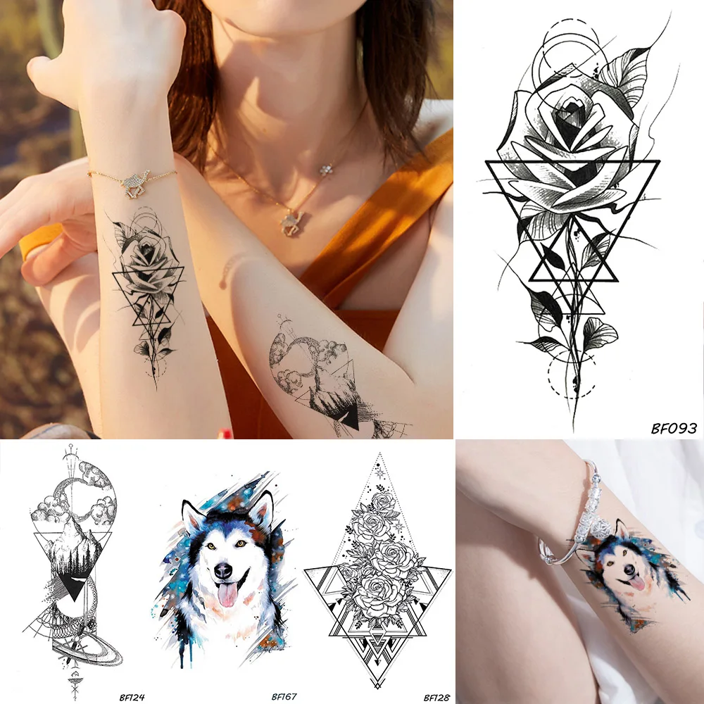 

Men Geometric Flower Rose Women Black Temporary Tattoo Blue Wolf Waterproof Fake Tatoos Body Art Arms Legs DIY Tattoo Stickers