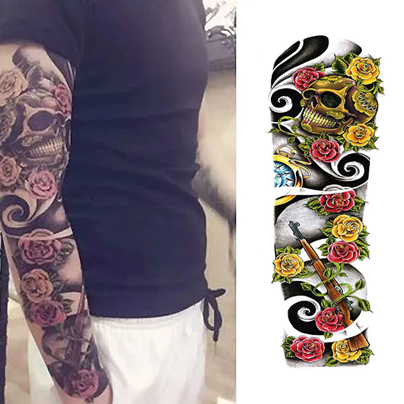 Полный цветок рука временная татуировка наклейка Роза часы боди-арт Вода Передача поддельные татуировки рукава для мужчин и женщин - Цвет: QB04