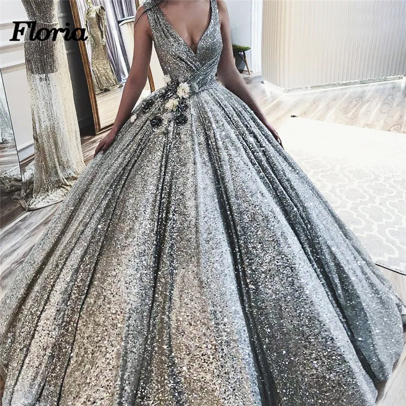 

Sparkly African Evening Dresses With Flowers New Dubai Turkish Arabic V Neck Dress Glitter Formal Prom Gowns Robe de soiree