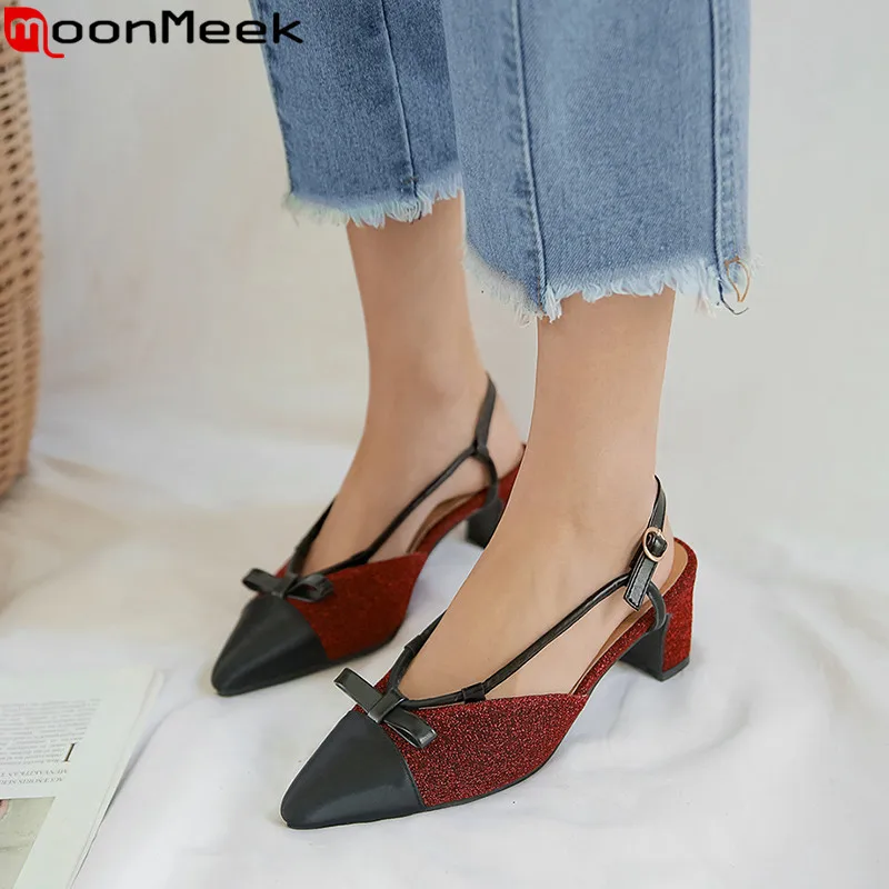 

MoonMeek 2019 hot sale new shoes woman pointed toe shallow pumps women shoes mixed colors slingback high heels shoes women