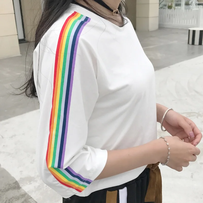 

2018 women t-shirts casual Striped Side Black White Tshirt Tee Top Women O-neck Harajuku Contrast Panel Crop Top