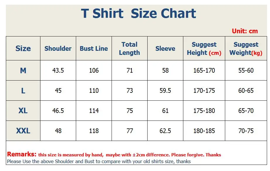 YF056 Long sleeve shirt size chart
