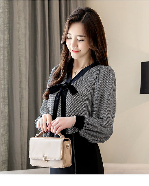 Black Plaid Shirts Women Autumn Bow V-Neck Blouses Womens Tops Elegant Long Sleeve Chiffon Blouse Autumn Tops Blusas Mujer 2019 (5)