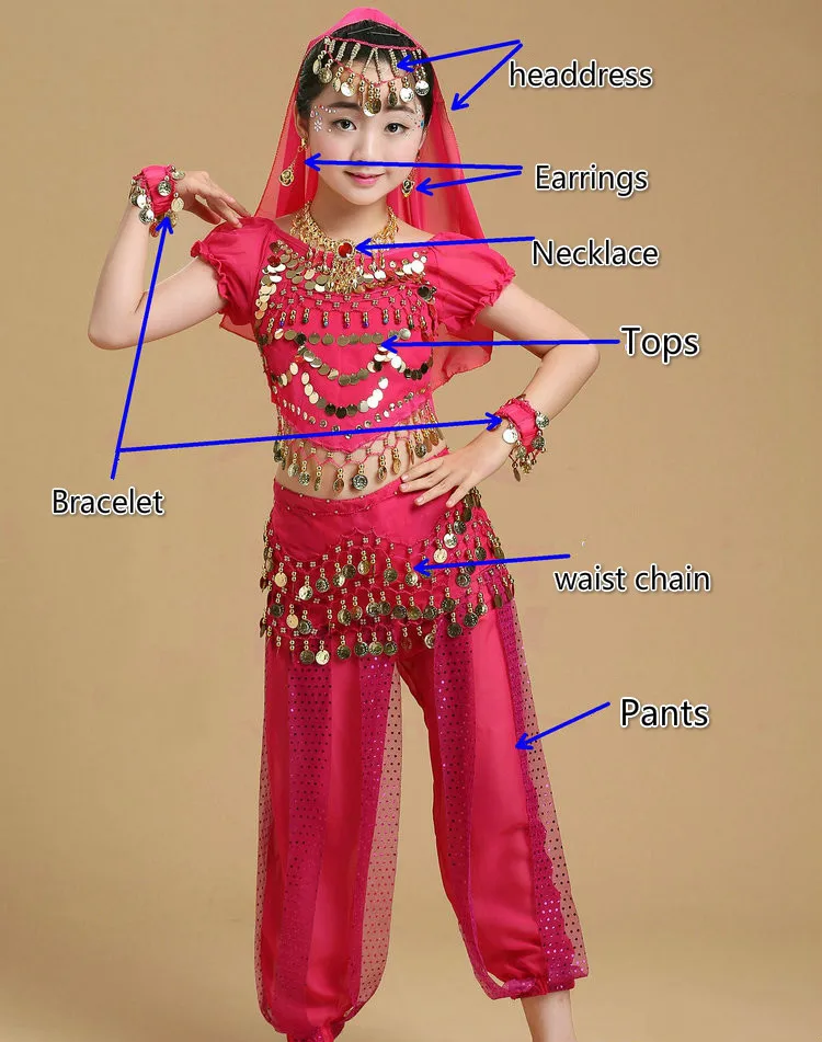 Детский костюм для танца живота для девочек, Детский костюм для выступлений, индийский танец живота, сексуальный Египетский танцевальный костюм, Одежда для танцев, 6 цветов