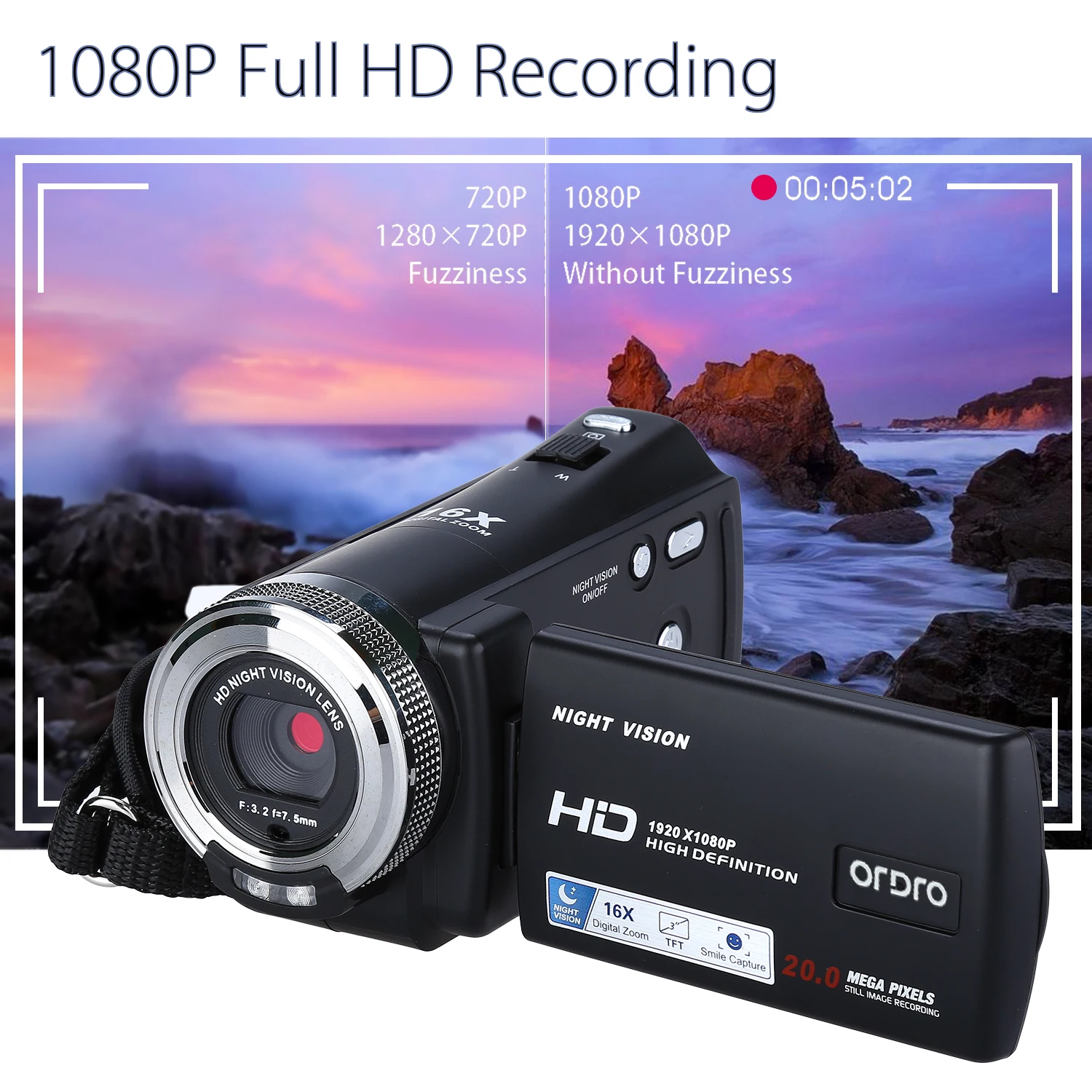 ORDRO HDV-V12 3," lcd 1080P FHD цифровая камера видеокамера 16x Zoom DVR IR ночного видения CMOS сенсор Микрофон+ 2 шт. батарея