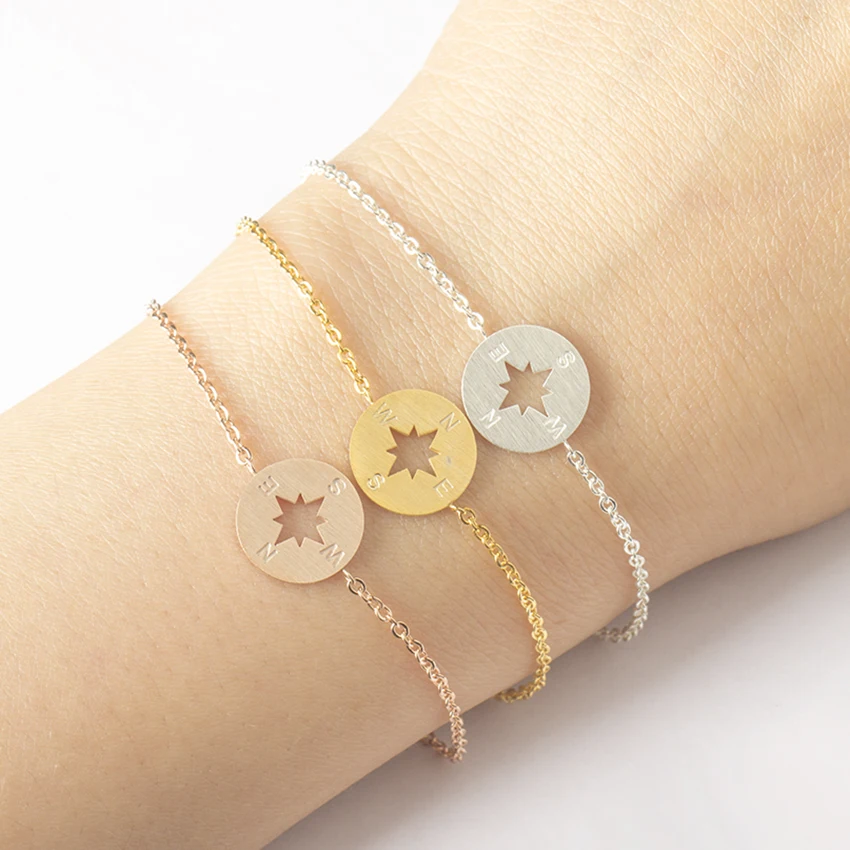 

Pulseras Mujer Moda 2019 Stainless Steel Tiny Compass Bracelets & Bangles Gold Silver Chain Ronud Bracelets For Women Jewelry